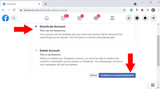 deactivate Facebook account 