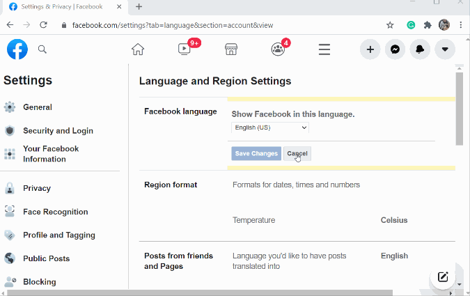Facebook language drop-down menu 