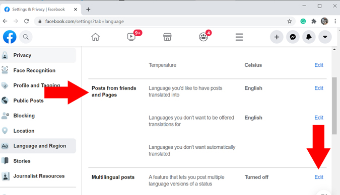 enable multilingual posts in facebook on browser