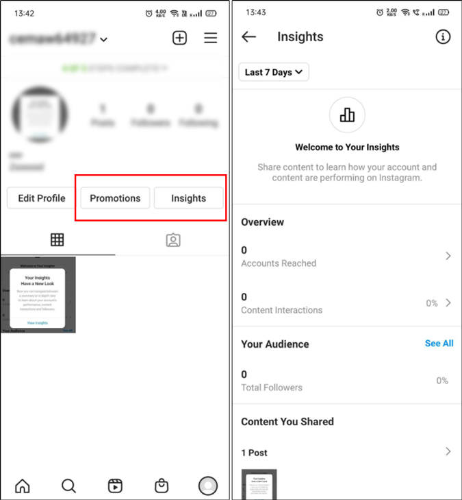 Instagram business account Insights tab 