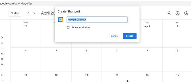 create google calendar desktop shortcut via google chrome