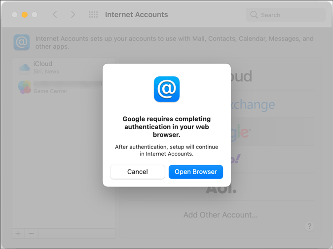 open browser to add google account on mac