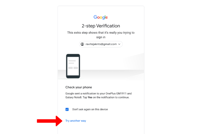 using try another way to login to google account