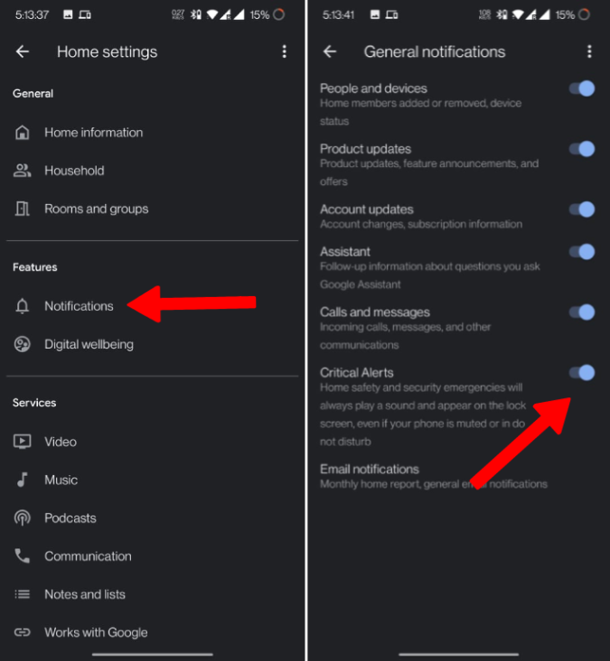 Turning on Critical Alerts in Google Home app on Android