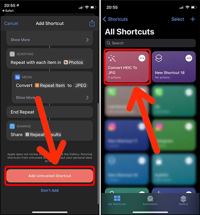 run shortcut to convert heic images to jpg on ios