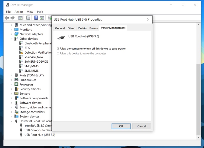 power management USB device option in windows 10