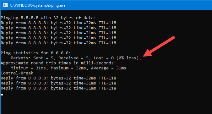 check ping and packet loss in command prompt in windows