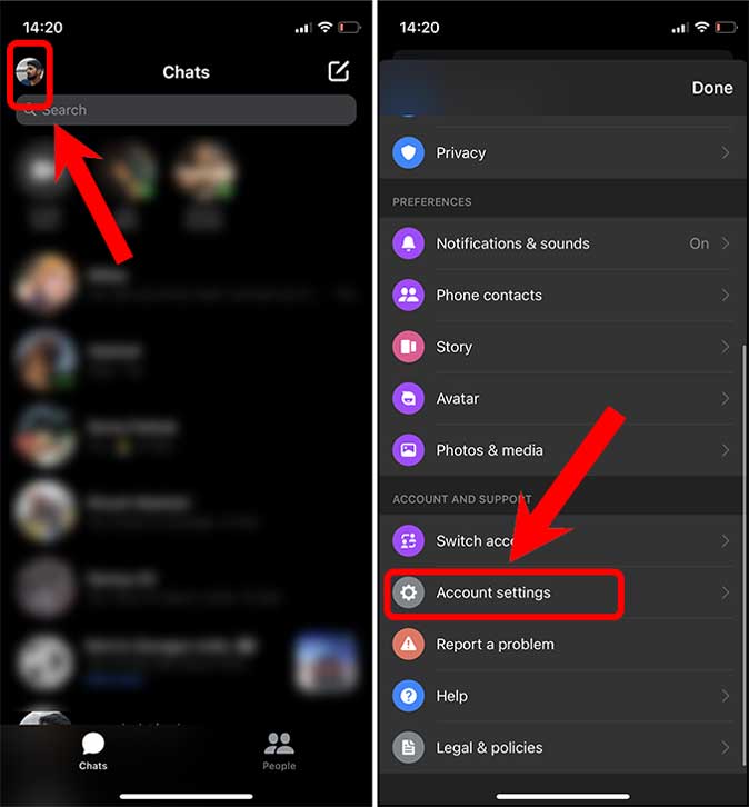 open account settings in Messenger app