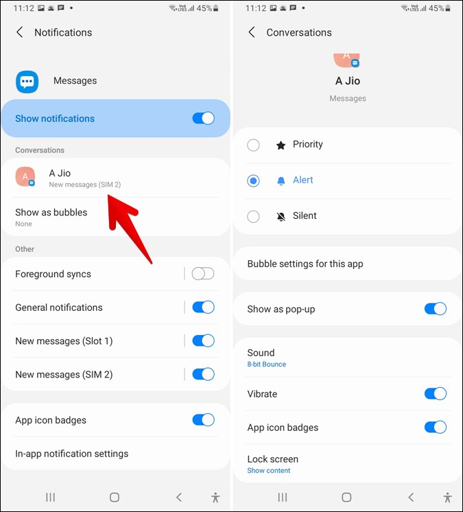 samsung messages notification sound settings for contacts