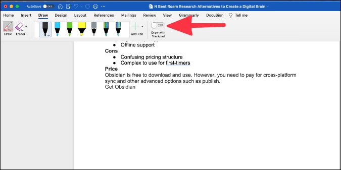 use draw with trackpad option in microsoft word document