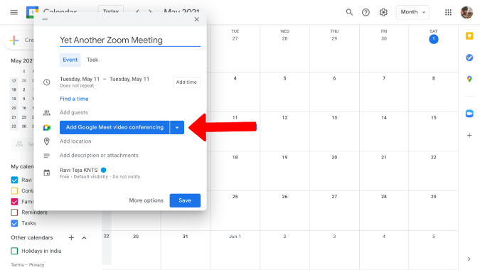 Click on Google Meet drop down ion Google Calendar