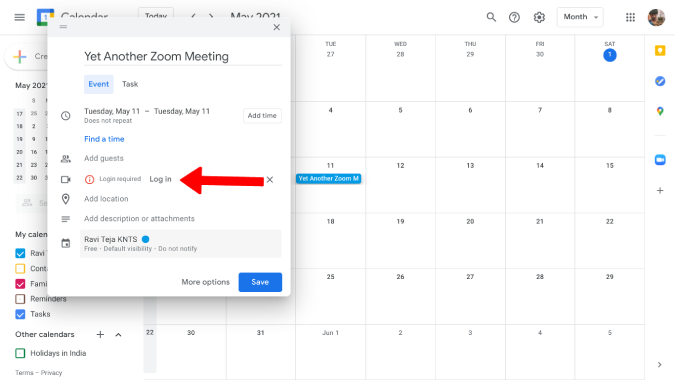 Log-in to Zoom to schedule a meeting via google calendar