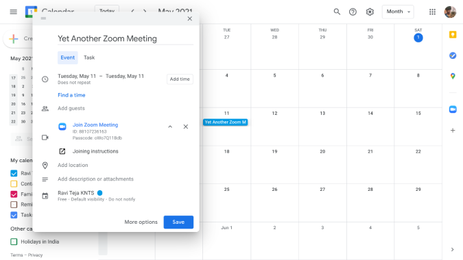 Zoom meeting created from the Google Calendar