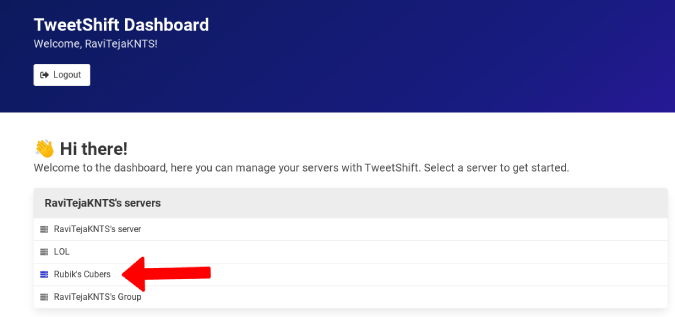 Selecting the server in Tweet Shift website