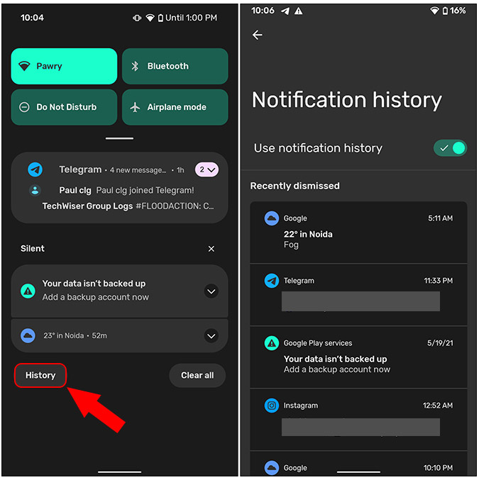 notification history layout