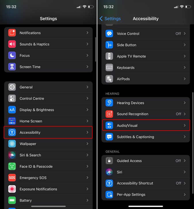 audio/visual accessibility settings on iPhone