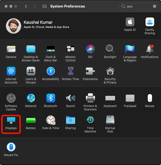 Displays Settings in System Preferences in macbook
