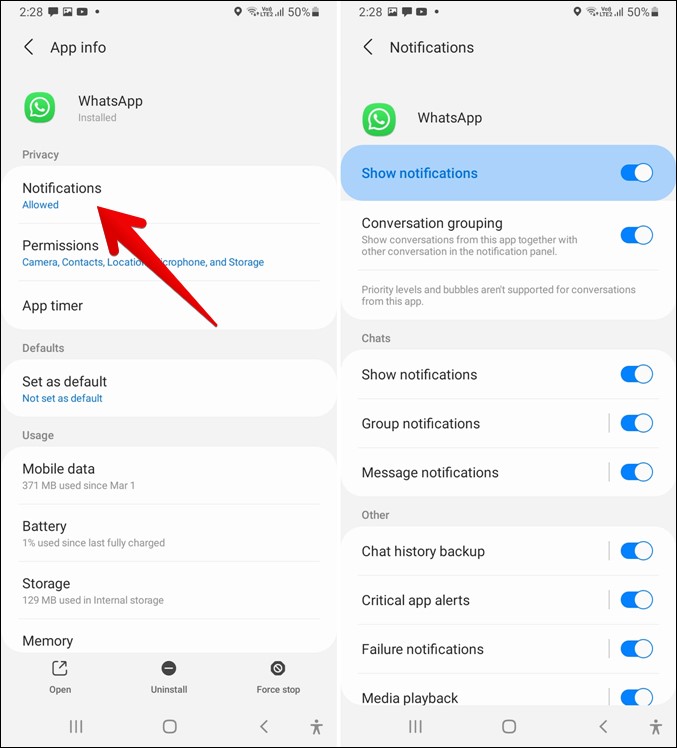 Samsung WhatsApp Popup notifications
