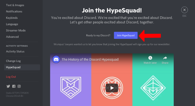 Joining HypeSquad from Discord Settings 