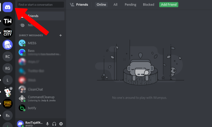 Opening discord home page 