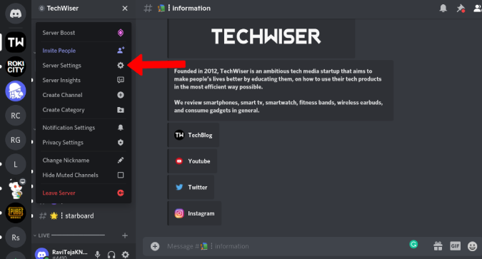 Opening Server Settings on Discord