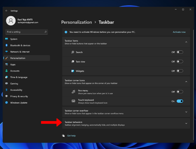 Taskbar behaviors option in Windows 11 Settings