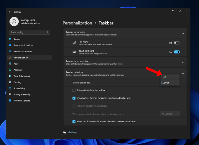 Changing the taskbar to left in Windows 11. 