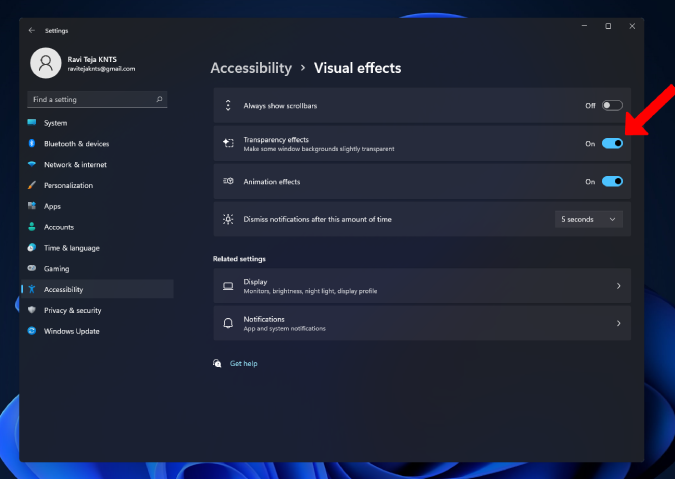 Turning on Transparency effects in Windows 11