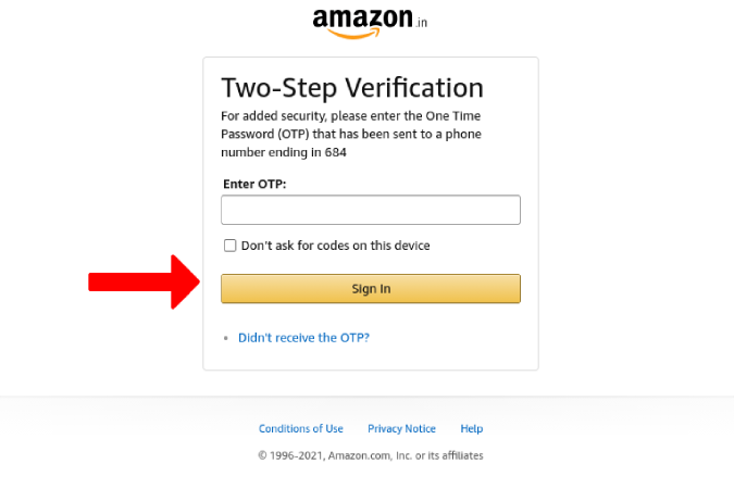 Enter the OTP from phone on Amazon