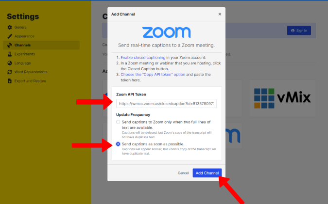Pasting Zoom API Token on Web Captioner
