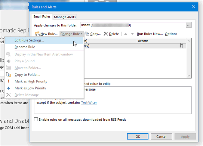change outlook rules