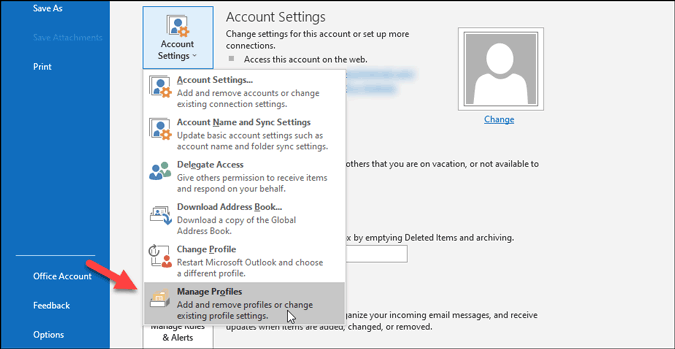 outlook profile management panel