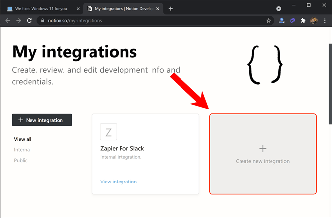 create new integration in notion