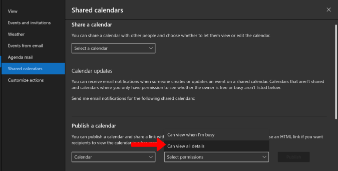 Managing permissions for publishing calendar in Outlook 