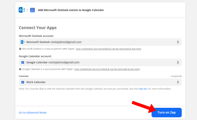 Turning on Zap to Sync Outlook and Google Calendar 