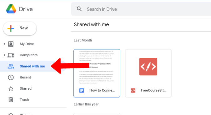 Opening shared with me tab on Google Drive 