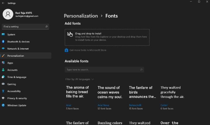 Installing font on Windows 11 settings