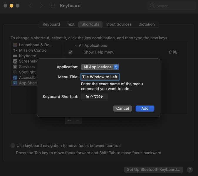 keyboard shortcut for mac window snapping