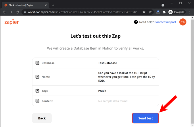send test message from zapier to notion