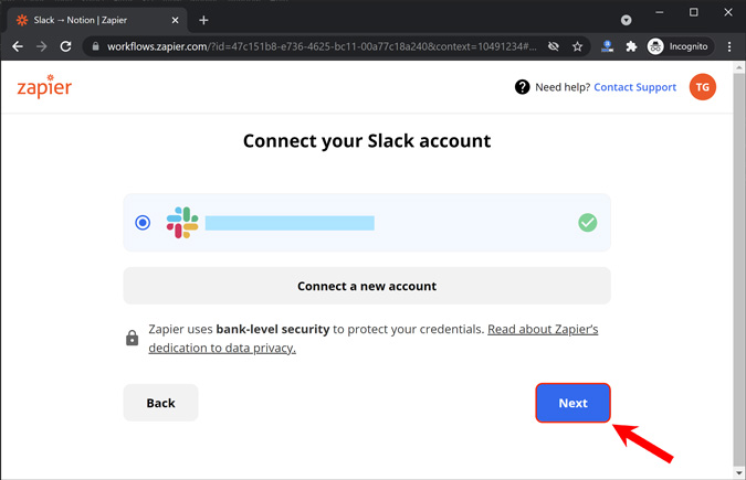 slack account connected on zapier