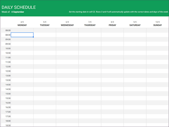 google sheets calendar template