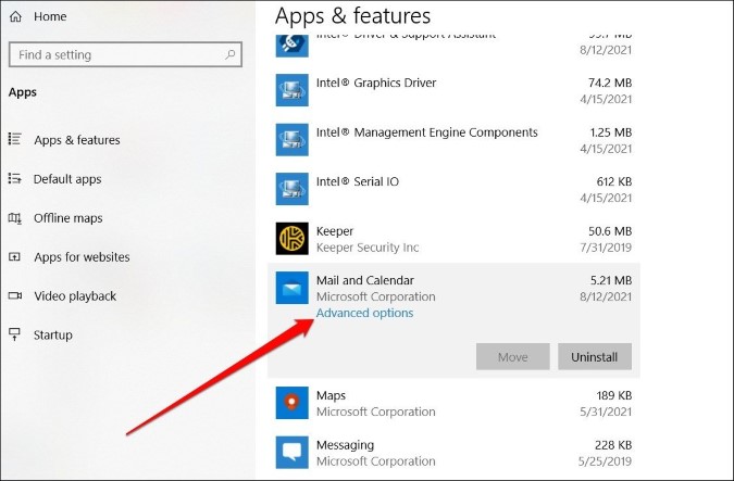 App options in windows 10 settings