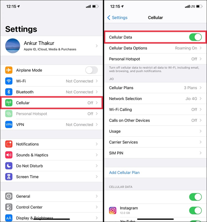 Cellular Data in iPhone Settings app to fix LTE 4G not working