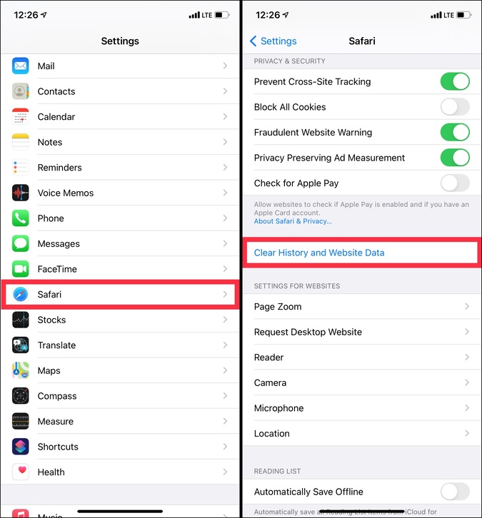 Clear Safari History and Data on iPhone to fix LTE Connectivity