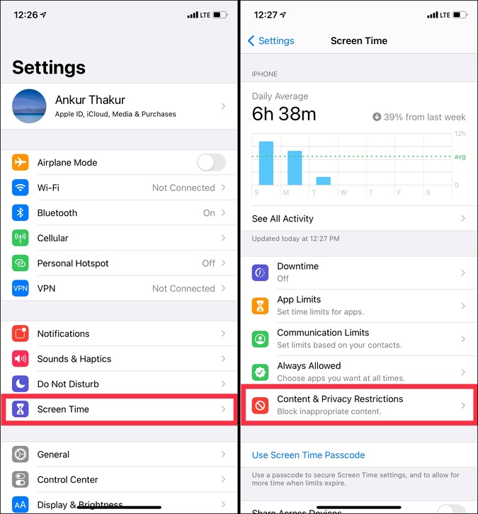 Content & Privacy Restrictions in Screen Time Settings on iPhone