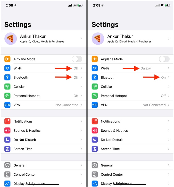 Turn off and turn on Wi-Fi and Bluetooth on iPhone to fix AirDrop