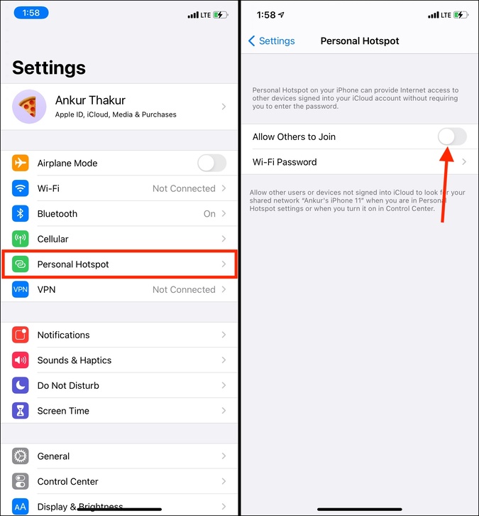 To use AirDrop Turn off Personal Hotspot on iPhone
