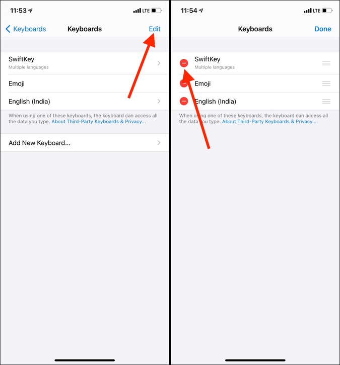 Tap Edit and red minus button to remove third-party keyboard on iPhone