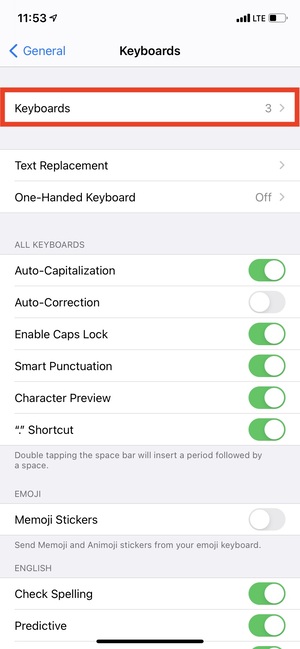 Keyboards in Keyboard Settings on iPhone
