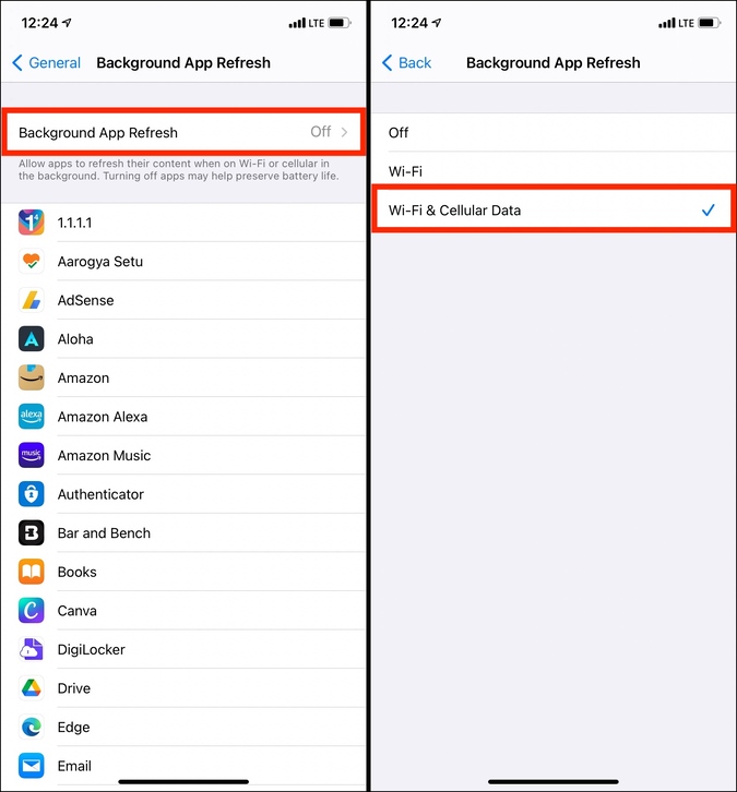 Wi-Fi and Cellular Data Background App Refresh in Settings on iPhone